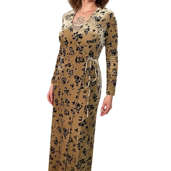 Vintage Isabella Bird Velvet Floral Maxi Wrap Dress Tan Black Small - Picture 3 of 16